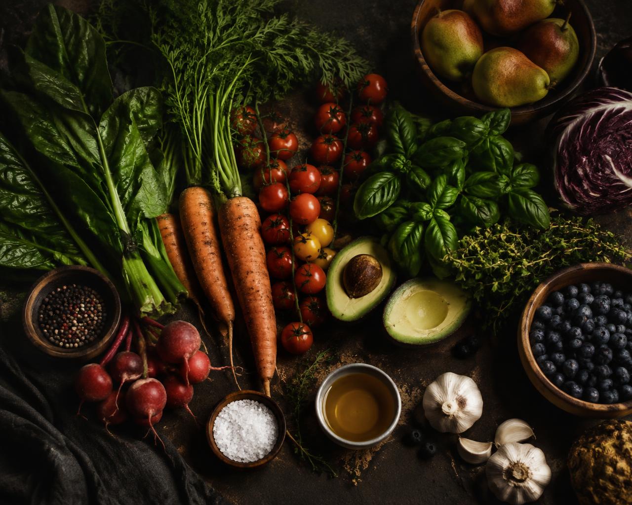 Fresh seasonal produce and herbs arranged on a dark surface