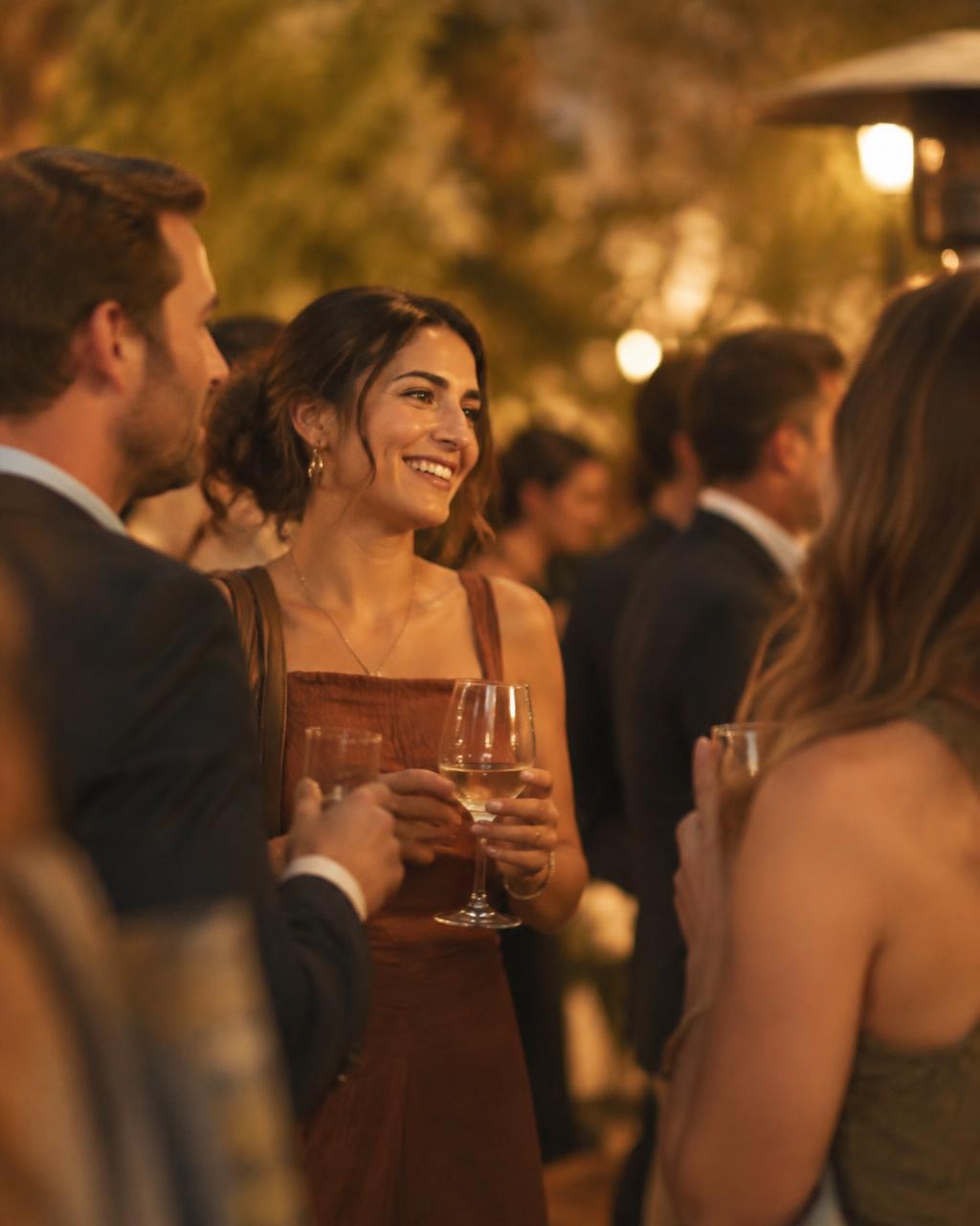 Guests with drinks at an evening event