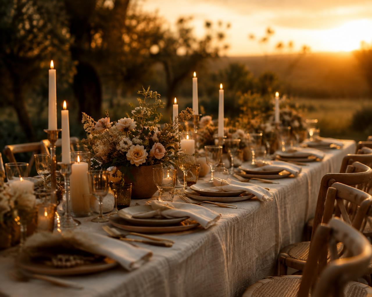 Event table setting laid for guests at golden hour